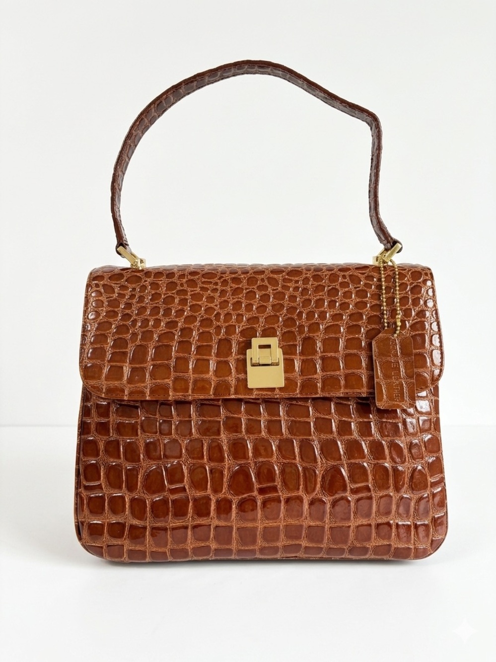 VNTG Lord & Taylor Croc Embossed Leather Shoulder Bag Retro Brown Corporate